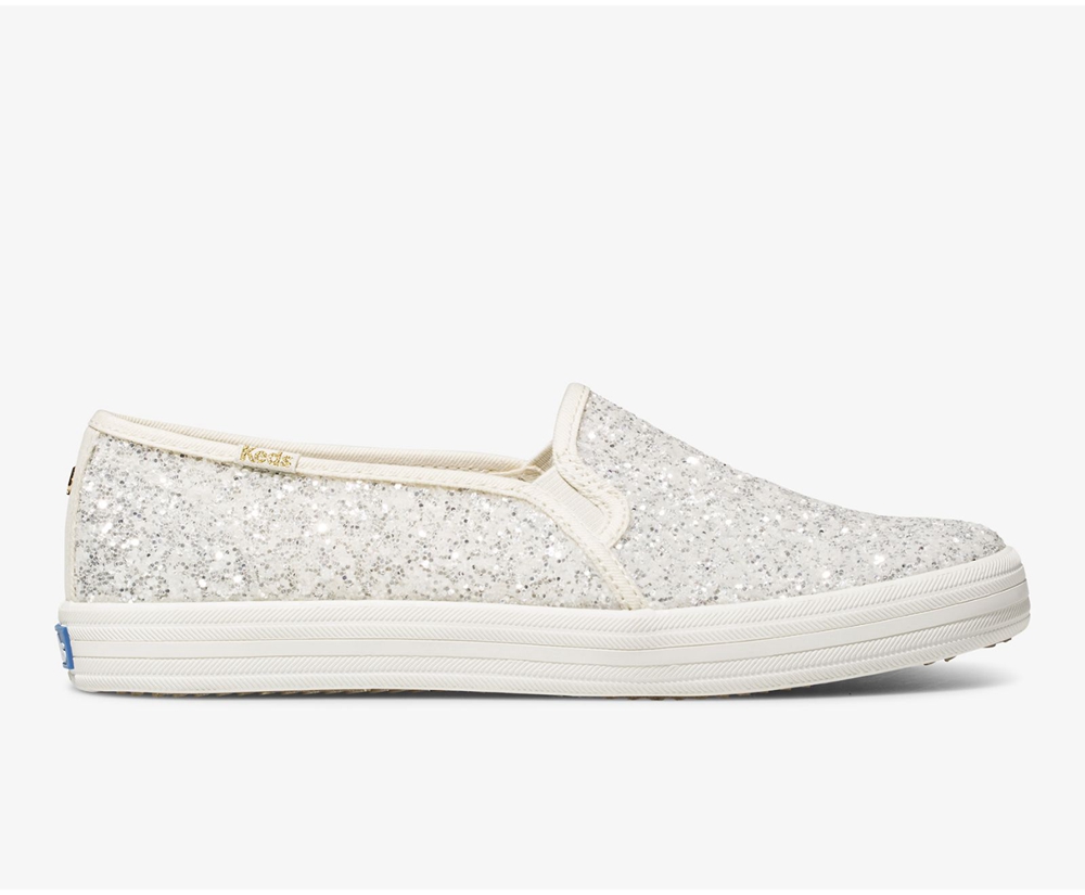 Womens Keds Slip Ons - Kate Spade new york Double Decker Glitter - White - 4162-SXUJL